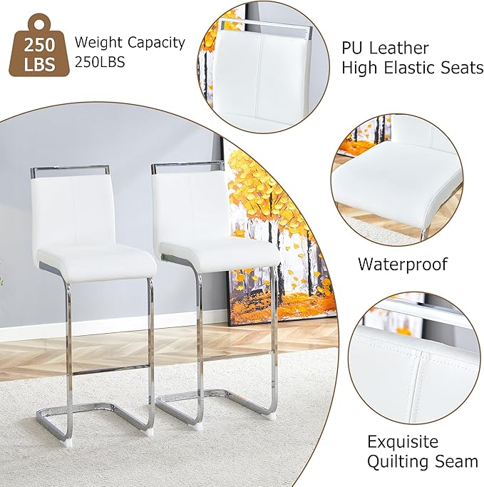 White Bar Stools Set of 4,30" Counter Height Bar Stools with Footrest,White Faux Leather Kitchen Stools with Chrome Plated Metal Leg,Counter Height Stools Ideal for Island Pub Kitchen Counter Dining Chair