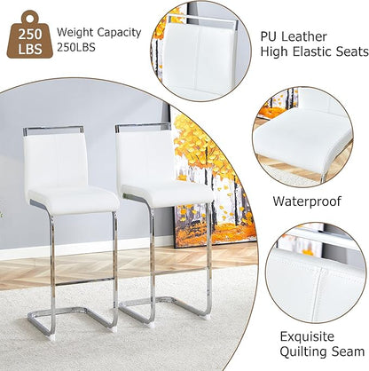 White Bar Stools Set of 4,30" Counter Height Bar Stools with Footrest,White Faux Leather Kitchen Stools with Chrome Plated Metal Leg,Counter Height Stools Ideal for Island Pub Kitchen Counter Dining Chair