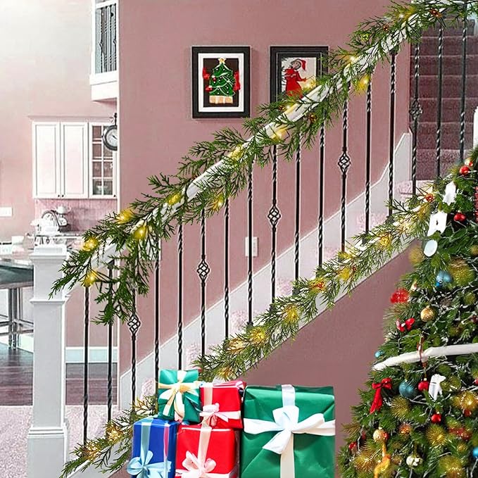 6 FT Artificial Christmas Garland, Faux Spruce Evergreen Garland with 20 LED Lights, Red Gold Ball Ornaments and Stars, Lighted with Timer, Perfect for Christmas Indoor Outdoor Decoration