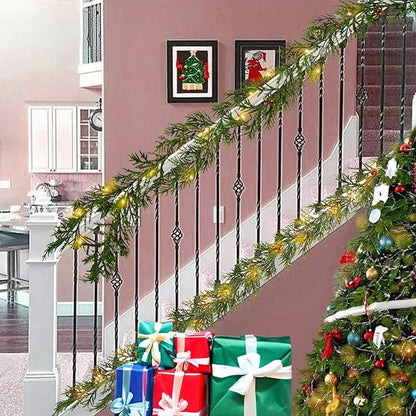 6 FT Artificial Christmas Garland, Faux Spruce Evergreen Garland with 20 LED Lights, Red Gold Ball Ornaments and Stars, Lighted with Timer, Perfect for Christmas Indoor Outdoor Decoration