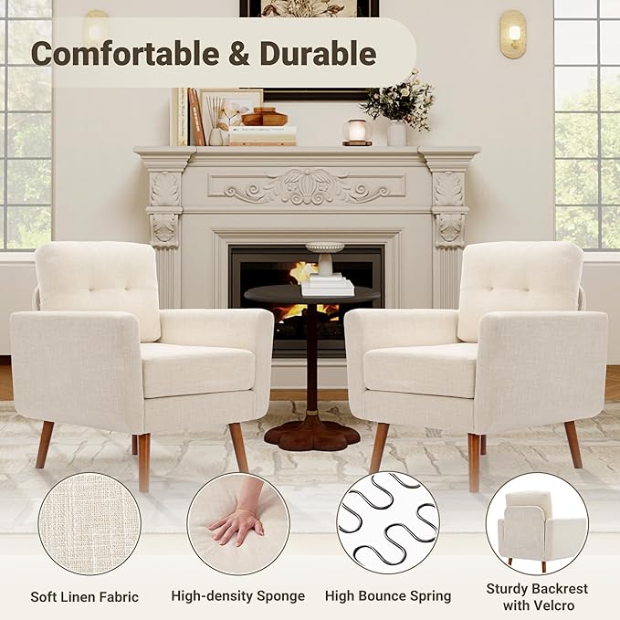 Tbfit Linen Fabric Accent Chair, Mid Century Modern Armchair for Living Room, Bedroom Button Tufted Upholstered Comfy Reading Accent Chairs Sofa(Beige)