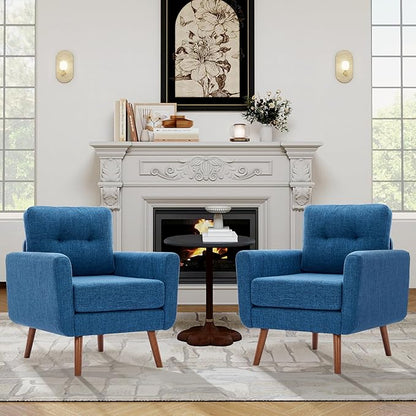 Tbfit Linen Fabric Accent Chairs Set of 2, Mid Century Modern Armchair for Living Room, Bedroom Button Tufted Upholstered Comfy Reading Accent Chair Sofa(Blue)