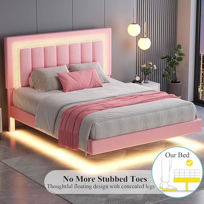 HOMBCK Floating Bed Frame King with Smart LED Lights, Faux Leather Upholstered Bed with Diamond PU Headboard, No Box Spring Needed, Noise-Free, Easy Assembly, Pink