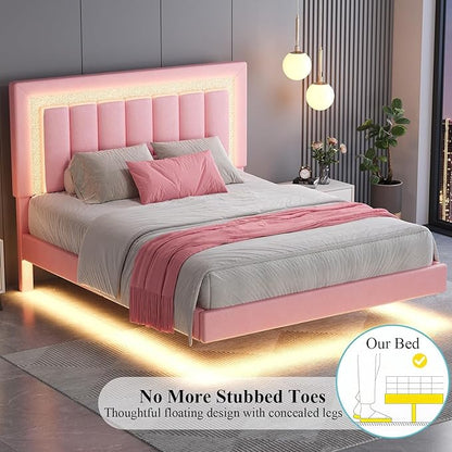 HOMBCK Floating Bed Frame King with Smart LED Lights, Faux Leather Upholstered Bed with Diamond PU Headboard, No Box Spring Needed, Noise-Free, Easy Assembly, Pink