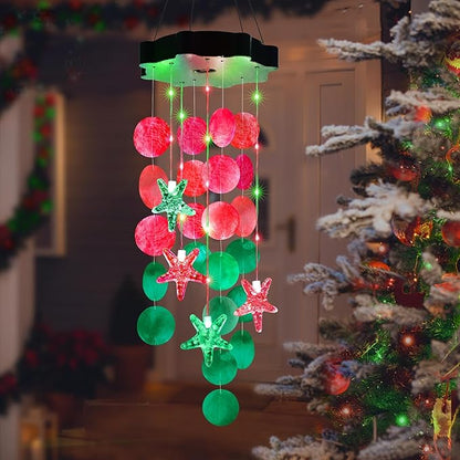 Solar Shell Gift for Mom Grandma Girls, Christmas Red & Green Solar Wind Chimes for Outside,Christmas Decorative Mobile Lights for Garden, Yard, Patio, Window, Party, Outdoor Decorations