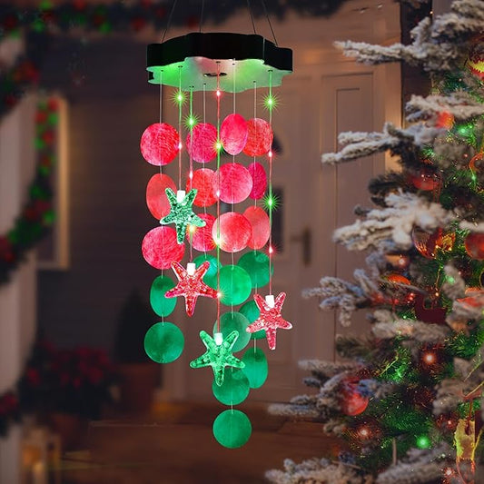 Solar Shell Gift for Mom Grandma Girls, Christmas Red & Green Solar Wind Chimes for Outside,Christmas Decorative Mobile Lights for Garden, Yard, Patio, Window, Party, Outdoor Decorations