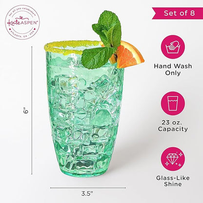 Kate Aspen Hammered Teal Plastic Drinking Glasses Set of 8, 23 oz, Acrylic Glasses Drinkware, Tumblers & Water Glasses for Patio, Iced Tea, Smoothies, BPA-Free Plastic Cups Reusable