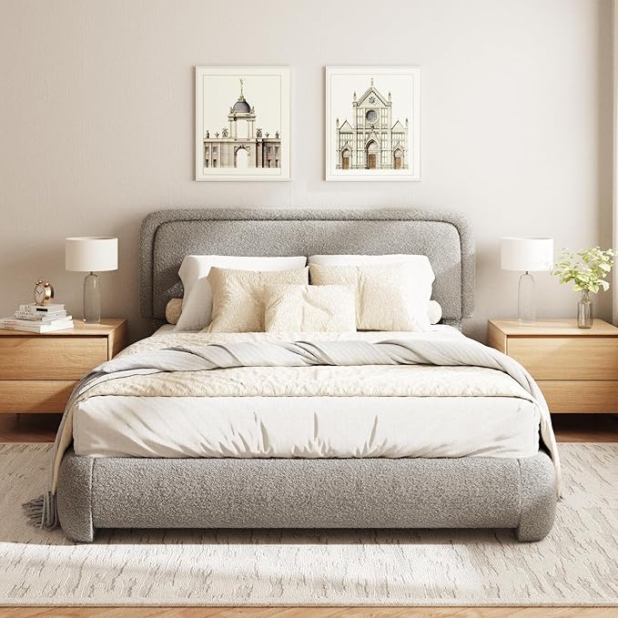 Queen Size Boucle Bed Frame, Cloud Upholstered Platform Bed with Height Adjustable Headboard & Soft Rounded Corners, No Box Spring Needed, Noise Free, Easy Assembly, Light Grey