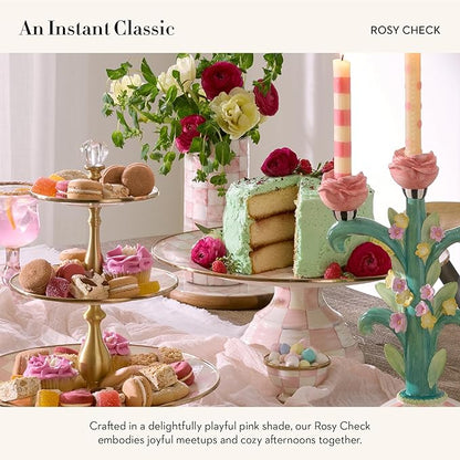 MACKENZIE-CHILDS Enamel Pedestal Platter, Round Cake Stand, Large, Pink-and-White Rosy Check