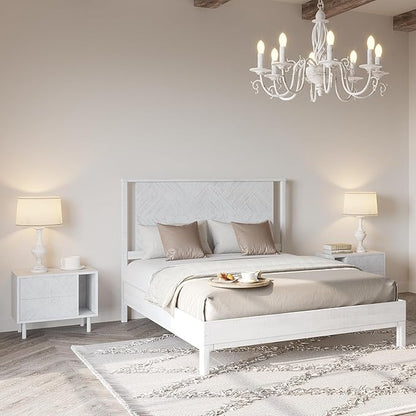 Bme Ethan Queen Bed Frame with Diamond Headboard, Mid-Century Modern, Solid Acacia Wood, No Box Spring Needed, Fits All Mattresses, Rustic White