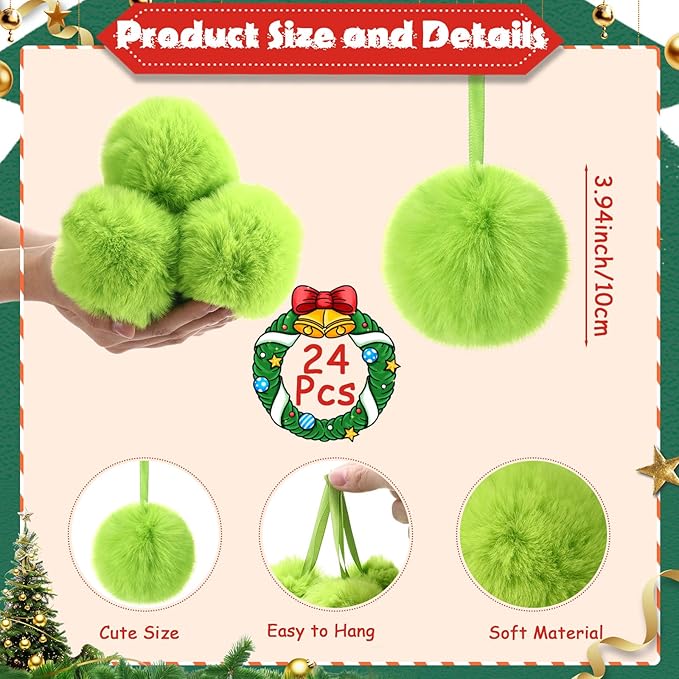 24 Pcs Green Furry Christmas Ball Ornaments for Tree 3.94 Inches Large Pom Pom Ball Christmas Hanging Decoration for Party Supplies Fireplace Mantel Wall Decor