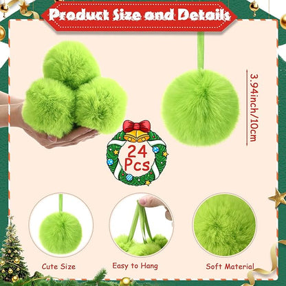 24 Pcs Green Furry Christmas Ball Ornaments for Tree 3.94 Inches Large Pom Pom Ball Christmas Hanging Decoration for Party Supplies Fireplace Mantel Wall Decor