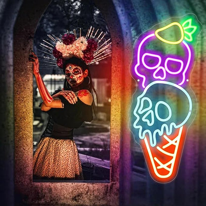 Ice Cream Skull Neon Sign, Quirky Gothic LED Wall Art,Skull Neon Light Ice Cream Neon Lighht Halloween Decor Wall Halloween Neon Sign Coffee Shop Decor, Christmas Party Bar Drink Shop-Purple