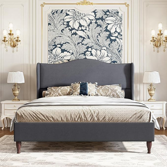 Full Size Bed Frame Upholstered Platform Bed with 51" Tall Headboard Wingback, Soft Fabric, Retro Simple Style Platform Bed No Box Spring Needed, Easy Assembly, Grey