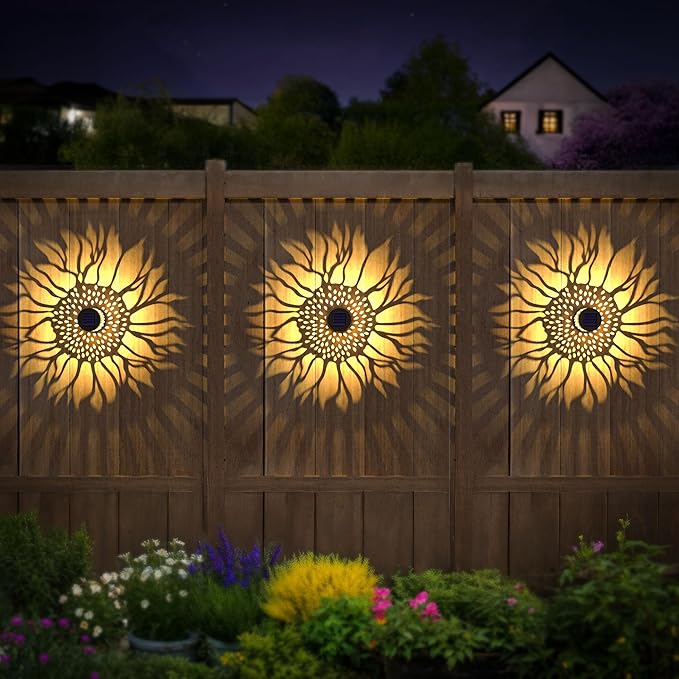 Solar Fence Lights 2 Pack Outdoor Deck Step Wall Lights Metal Waterproof LED Warm Yellow Light for Garden Post Patio Backyard Yard Decor (Sunflower, 2)