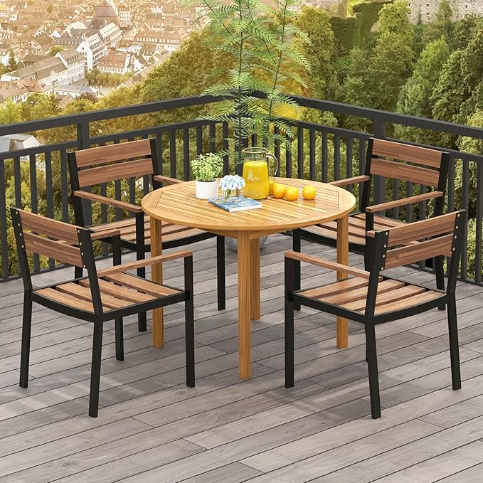 Tangkula Round Outdoor Dining Table, Acacia Wood 4-Person Large Dining Table, Farmhouse Patio Indoor Bistro Table, for Yard Deck Lawn Dining Room