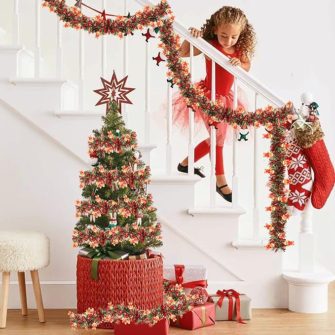 50FT Red Green Christmas Tinsel Garland with Gingerbread Man Ornaments, Thick Metallic Twist Xmas Garland for Tree Decorations Fireplace Mantel Home Office Stair Party Indoor Outdoor Holiday Decor