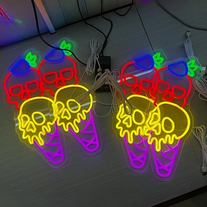 Ice Cream Skull Neon Sign, Quirky Gothic LED Wall Art,Skull Neon Light Ice Cream Neon Lighht Halloween Decor Wall Halloween Neon Sign Coffee Shop Decor, Christmas Party Bar Drink Shop-Red