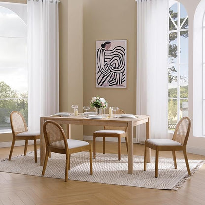 Upholstered Wooden Dining Chairs Set of 6, Farmhouse Kitchen & Dining Room Chairs with Cane Back, Accent Dining Table Chairs Beige Linen Seat for Kitchen/Restaurant/Living Room, Beige