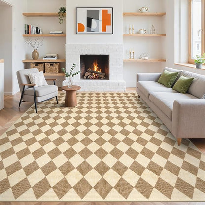 LIVEBOX Washable Living Room Rug 8x10, Brown Checkered Diamond Rug Non-Slip Modern Neutral Geometric Plaid Rugs for Bedroom, Low Pile Area Rug for Dining Room Kids Room Classroom