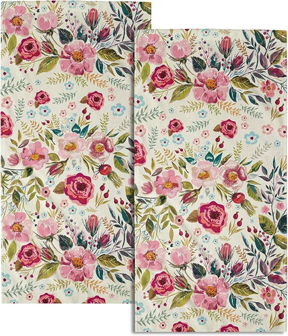 Pink Flower Hand Towels Peony Guest Dish Towels Absorbent Set for Kitchen Home Hot Pink Green Leaves 28.3x14.4