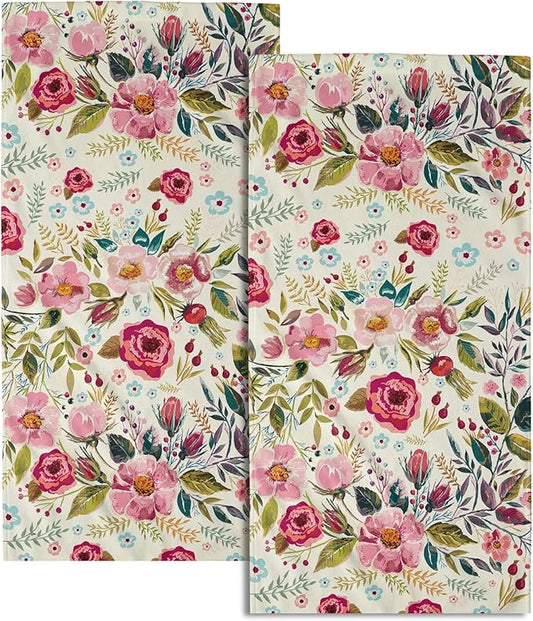 Pink Flower Hand Towels Peony Guest Dish Towels Absorbent Set for Kitchen Home Hot Pink Green Leaves 28.3x14.4