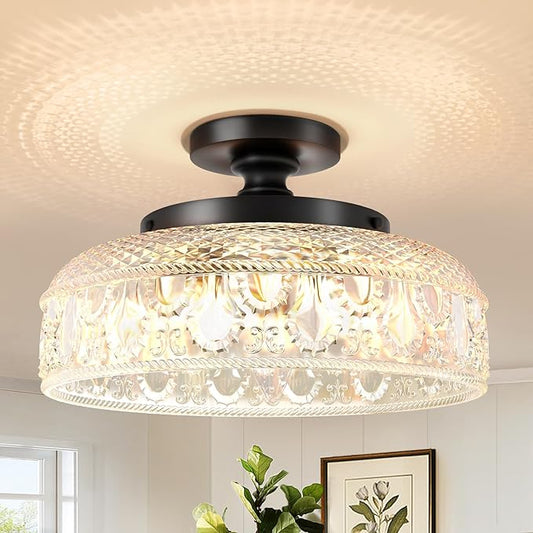 Lamomo Semi Flush Mount Ceiling Light, Upgraded Larger Black Hallway Light Fixture, 3-Bulb Globe Glass Close to Ceiling Light, Indoor Hanging Light for Bedroom Kitchen Porch Hallway,Bulbs Not Included