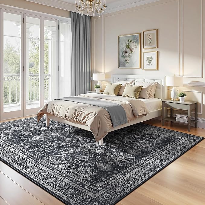 Lofus 9x12 Area Rug for Living Room,Black Washable Area Rugs with Non-Slip Backing,Soft Boho Carpets for Bedroom Dining Room Home Office Indoor Nursery