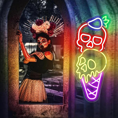 Ice Cream Skull Neon Sign, Quirky Gothic LED Wall Art,Skull Neon Light Ice Cream Neon Lighht Halloween Decor Wall Halloween Neon Sign Coffee Shop Decor, Christmas Party Bar Drink Shop-Red