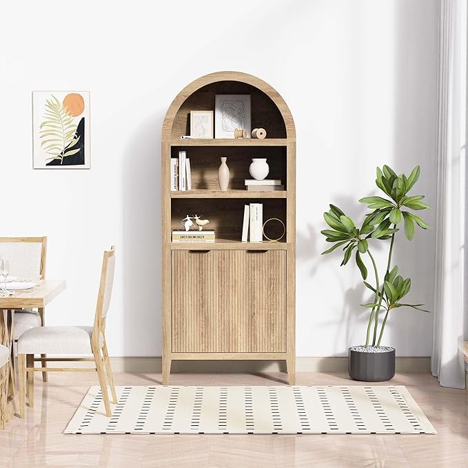 blini Arched Cabinet Bookshelf Oak Arch Bookcase with Doors, Wooden Curved Book Case 5-Tier Tall Round Top Bookshelves for Living Room