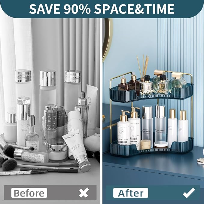 Corner Bathroom Counter Organizer Bathroom Countertop Shelf Makeup Organizer for Vanity Perfume Corner Storage (2 Tiers, Blue)