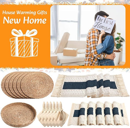 6 Sets Boho Placemats Round Woven Placemats, Cloth Napkins, Wood Bead Napkin Rings, Long Table Runner and Farmhouse Rustic Natural Burlap Cotton for Kitchen Table Home (Blue)