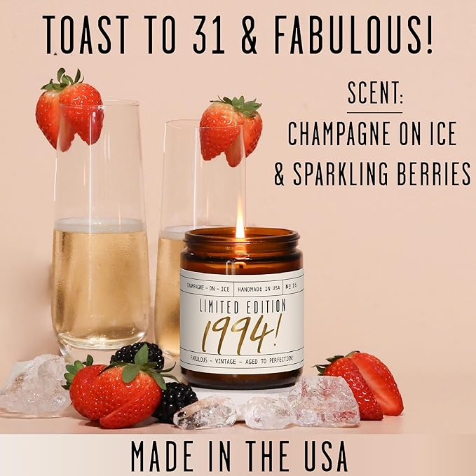 31st Birthday Gifts for Women - 'Limited Edition 1994' Soy Candle, w/Champagne on Ice I 31 Birthday Gifts for Women I 31rd Gift for Her Ideas I 9oz Reusable Jar, 50Hr Burn, Made in USA
