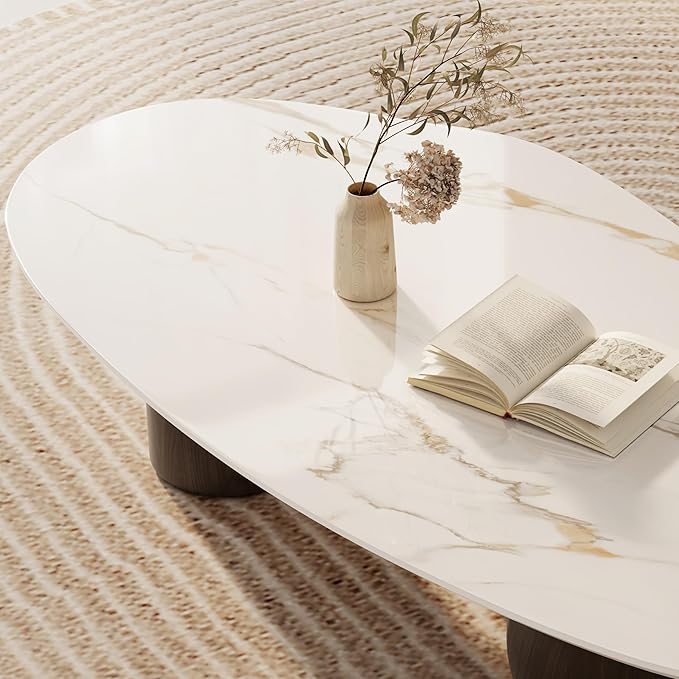 Modern Oval Coffee Table for Living Room, 54" Sintered Stone Cloud Coffee Tabletop with 3 Metal Legs, Minimalist Living Room Table Tea Table Center Table for Home Office