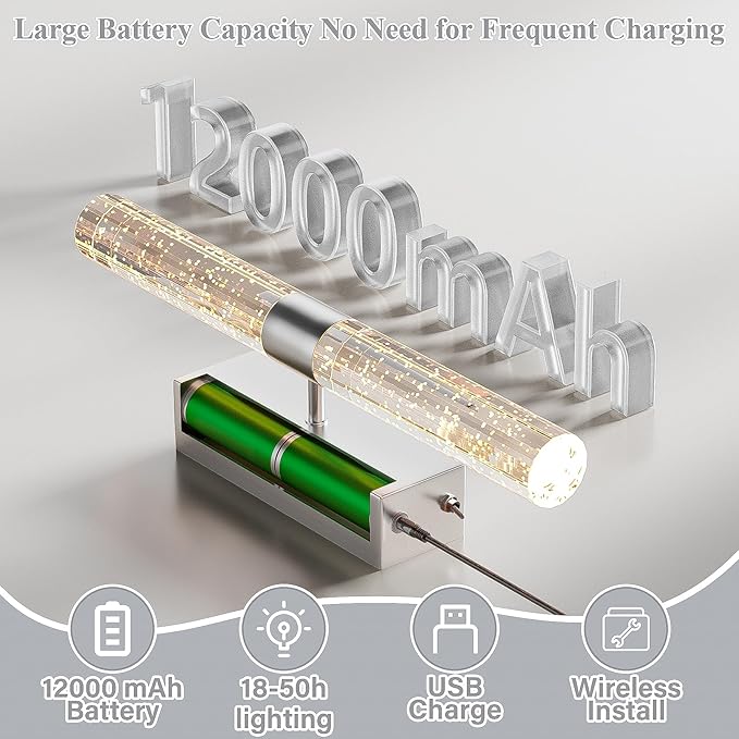 camuucci Battery Operated Sliver Wall Sconces Set of 2 Rechargeable Battery Powered Wall Light with 12000mAh Not Hardwired Dimmable Wall Lamp Fixtures for Bedroom Living Room 20.9 Inches