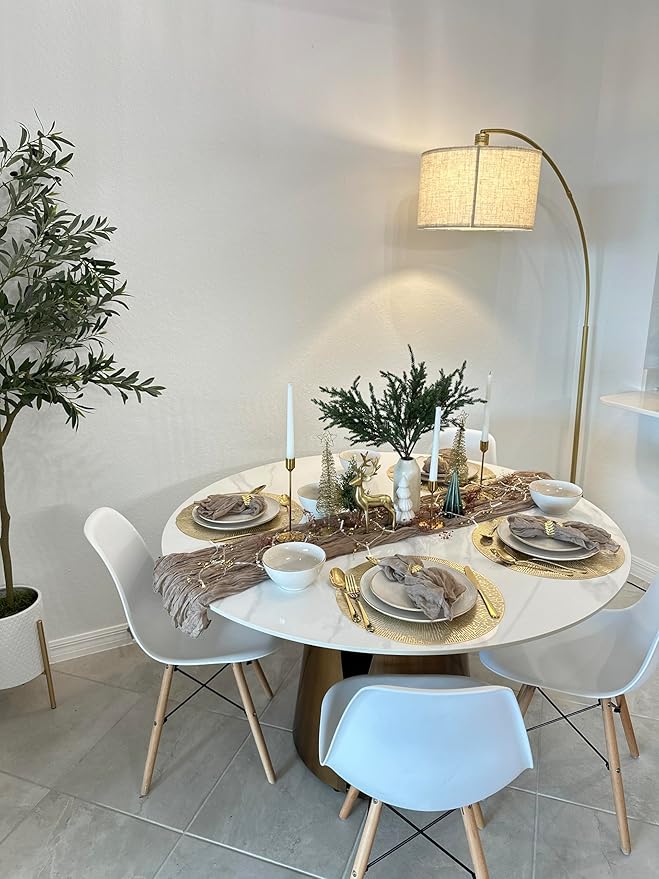 POVISON Round Dining Table for 4, Modern Glossy White Dining Table 51", Sintered Stone Dining Tabletop with Bronze Carbon Steel Pedestal (Dining Room Table Only)