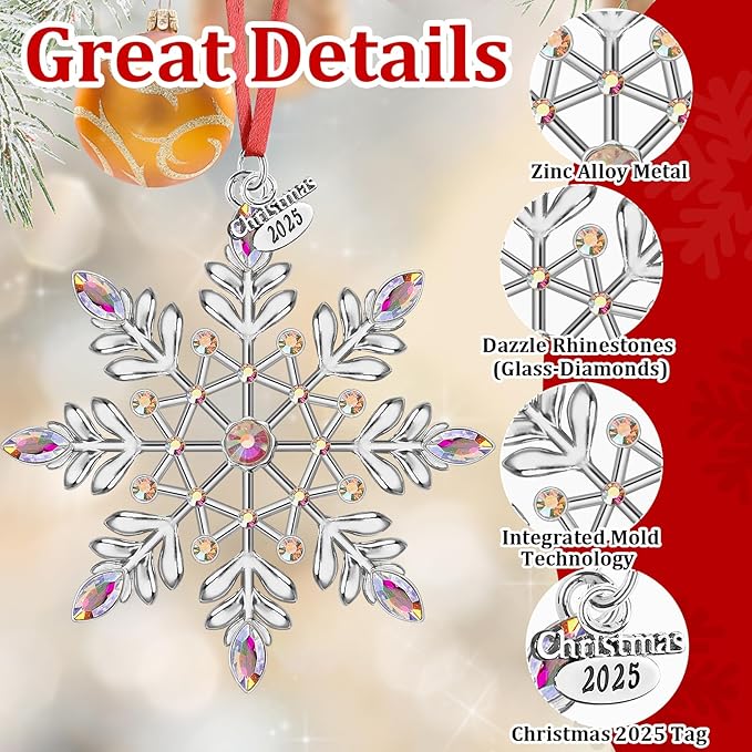 Christmas Snowflake Ornaments 2025 Decorations for Christmas Tree, Metal Hanging Rhinestones Ornament Decor, Glitter Crafts Snowflake Decorations Indoor Xmas Gifts for Holidays Winter Annual Keepsake