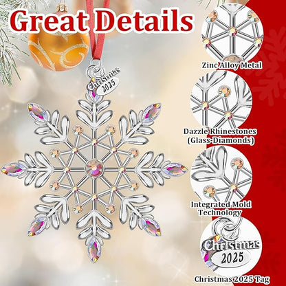 Christmas Snowflake Ornaments 2025 Decorations for Christmas Tree, Metal Hanging Rhinestones Ornament Decor, Glitter Crafts Snowflake Decorations Indoor Xmas Gifts for Holidays Winter Annual Keepsake