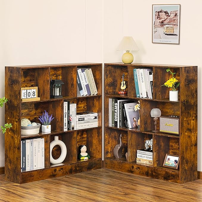 LEYAOYAO 8 Cube Bookshelf with Base,3 Tier Mid-Century Modern Brown Bookcase,Standing Wide Bookshelves Storage Organizer Shelf,Rustic Wood Display Cabinet Book Shelves for Bedroom,Living Room,Office