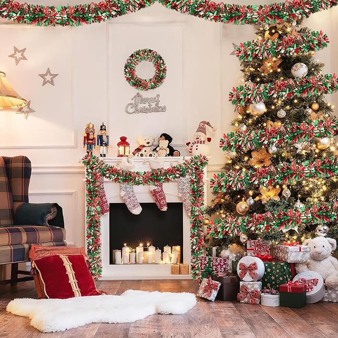 50Ft Christmas Tinsel Garland - Red Green Shiny Metallic Twist Decor for Christmas Tree Home Stairs Railing Front Door Mantle Fireplace Indoor Outdoor Holiday Party