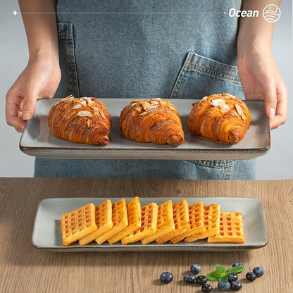 famiware Serving Platter, Rectangular 15.67/14.1/12.6inch Serving Dishes for Entertaining, Reactive Glaze, Stoneware for Party, Food, Turkey, Snack, Cheese, Ocean Series, Grey