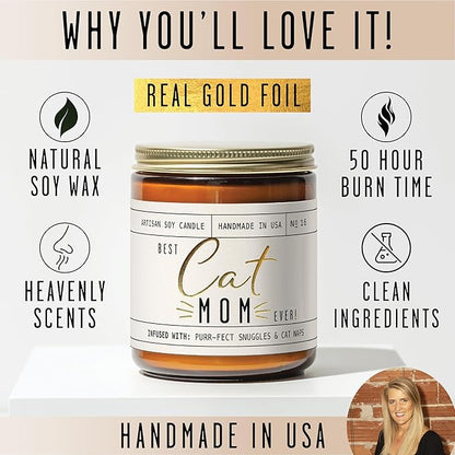 Cat Mom Gifts, Cat Gifts for Women Unique, Cat Lover Gifts for Women - 'Best Cat Mom Ever' Candle, w/Vanilla, Coconut & Vetiver I Cat Decor Themed I Cat Gifts for Cat Lovers I 50Hr Burn, USA Made