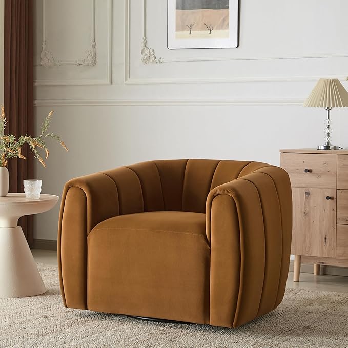 Christopher Knight Home Monroe Velvet Swivel Club Chair,Armchair with 360-Degree Rotation,Upholstered Barrel Swivel Sofa Chair for Living Room/Bedroom,Tufted Back,Thick Cushion, Iron Base, Dark Yellow