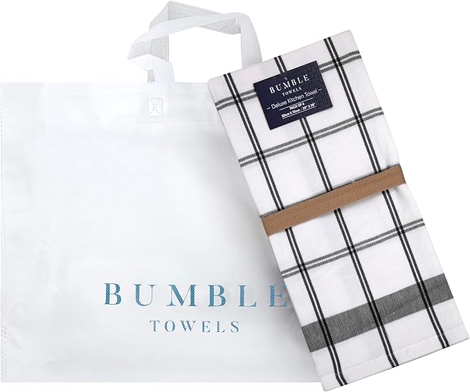 Premium Kitchen Towels 6 Pack Large Cotton Flat Terry Absorbent Tea Towels with Hanging Loop Black Check 20x28