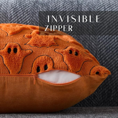 DFXSZ Halloween Pillow Covers 20x20 inch Set of 2 Orange White Ghost Throw Pillow Cases Soft Plush Faux Fur Wool  Cushion Case for Chair Bedroom Living Room Home Decor PTK03K20