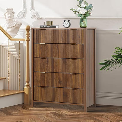 5 Drawer Dressers for Bedroom, Modern Closet Chest of Drawers with Waveform Fluted Panel, Large Wood Storage Dresser Organizer for Nursery Bedroom Living Room Hallway Closet, Walnut