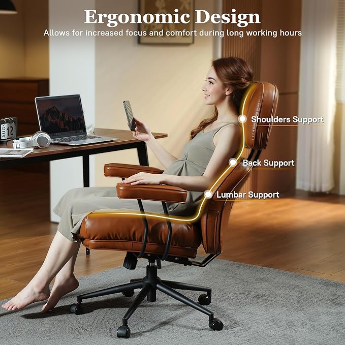 Mid Century Modren Big and Tall Office Chair,Large Ergonomic Executive Chair for Heavy Duty People, Desk Task Chair with Wheels, Faux Lether Fabric Wide Chair for Home Sturdy,Brown(PU)