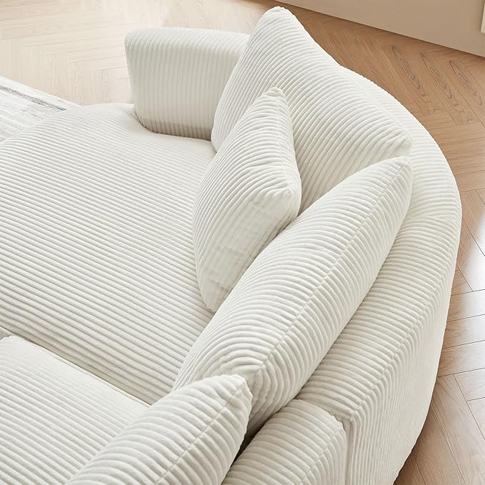 122'' Modern Curved Cloud Sofa Luxury Living Room 5 Seater Sectional Sofa Curve Design Comfortable Upholstered Sofas with Toffee Chair for Living Room Bedroom Apartment(Corduroy+Left Facing, White)