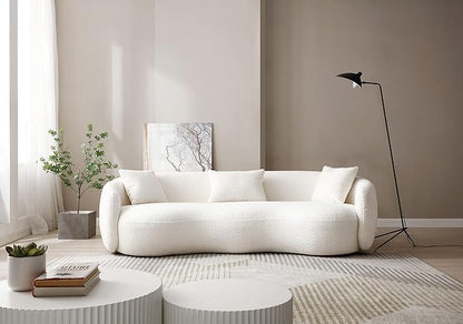 KEIKI 94" Boucle Half Moon Curved Sectional Sofa with 3 Throw Pillows, Modern Style 4-Seater Teddy Fleece Leisure Couch with Curved Backrest, Easy Assembly, for Apartment, Living Room, Bedroom, Whtie