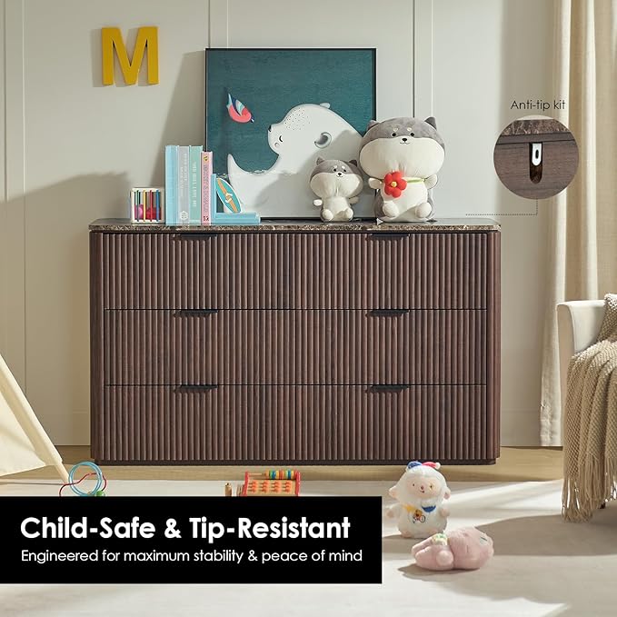 Fluted 6 Drawer Dresser for Bedroom, 54.5" Wide Modern Chest of Drawers with Faux Marble Top, Curved Corners, Wooden Dresser TV Stand with Organizer Storage for Living Room, Dark Oak